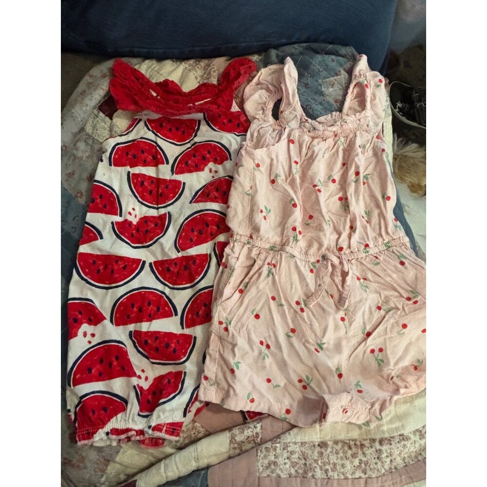 Bundle of 2 Toddler Girls Rompers Sz 18M Pink Cherry Red Watermelon